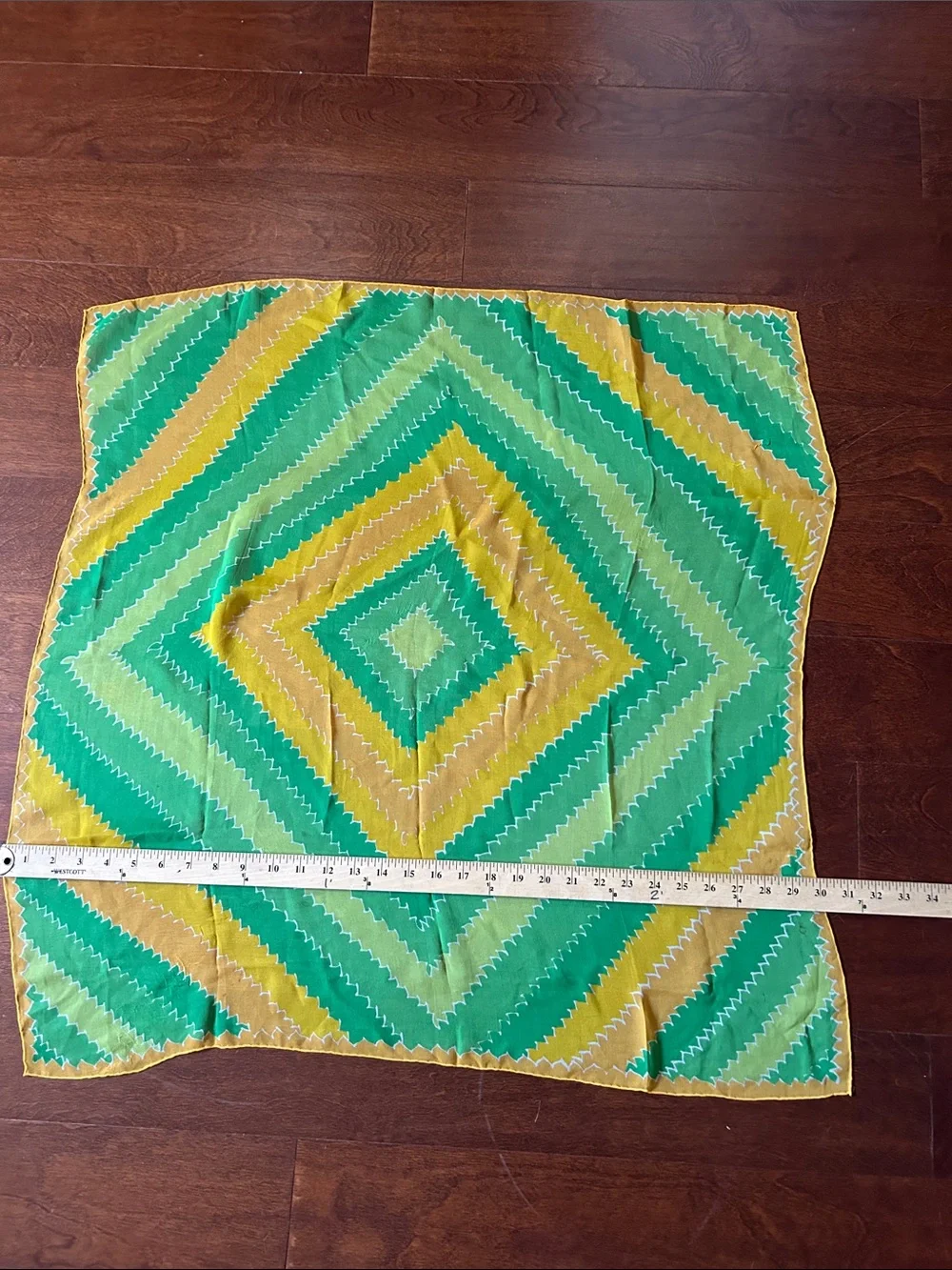 Vintage Silky Lightweight Green and Yellow Geometric Scarf
